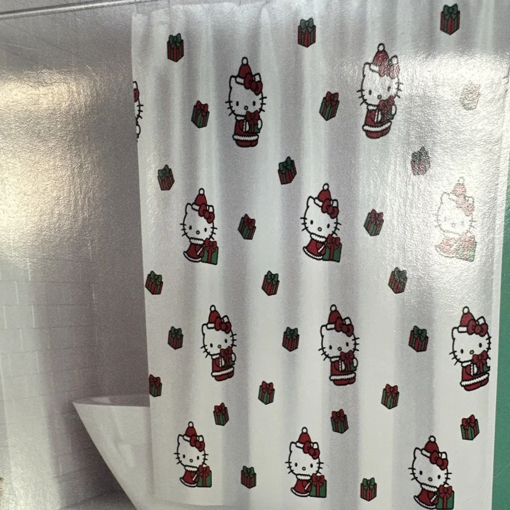 Hello Kitty Christmas Shower Curtain Sanrio Holiday Presents Festive White Red